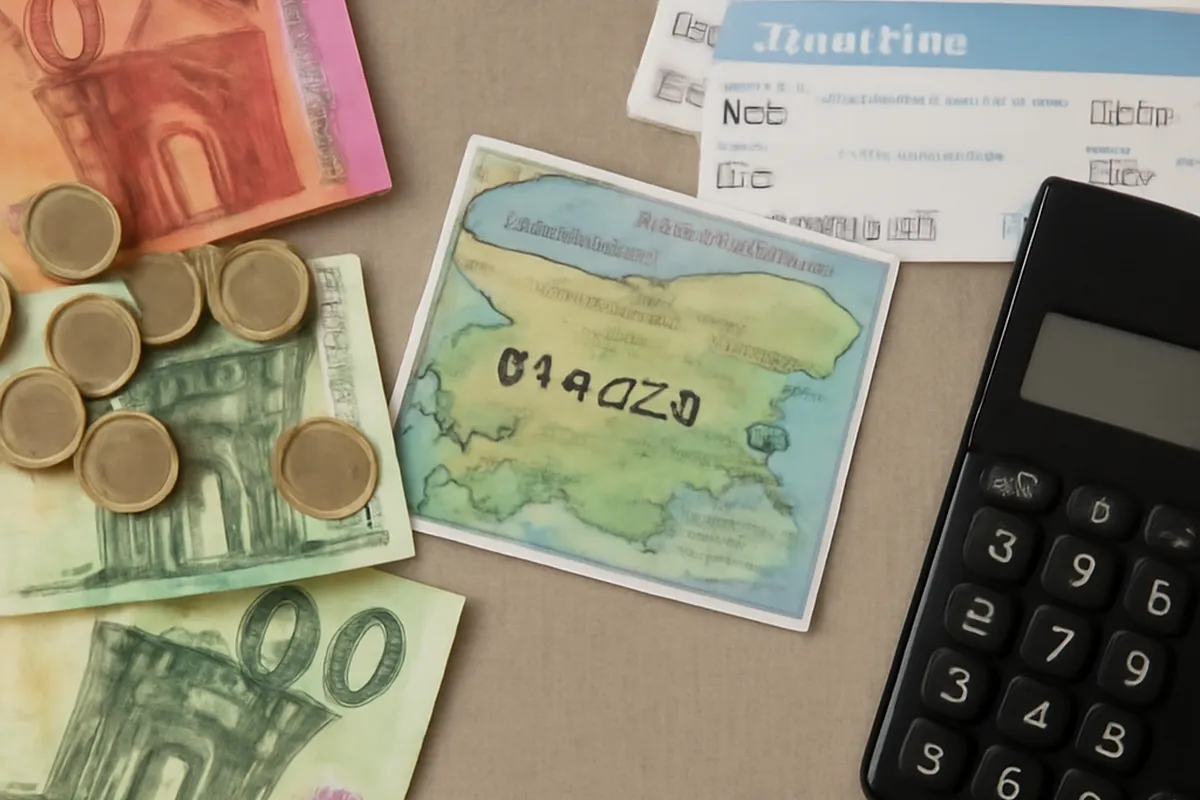 Tableau de calcul de budget voyage avec billets et carte de Bulgarie