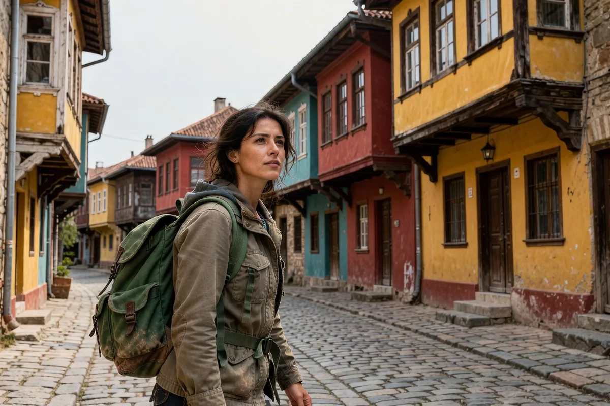 Voyageuse indépendante avec sac à dos dans les rues de Plovdiv