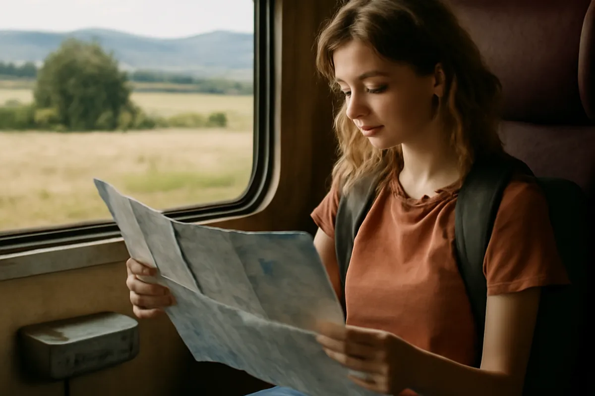 Voyageuse solo consultant une carte dans un train bulgare