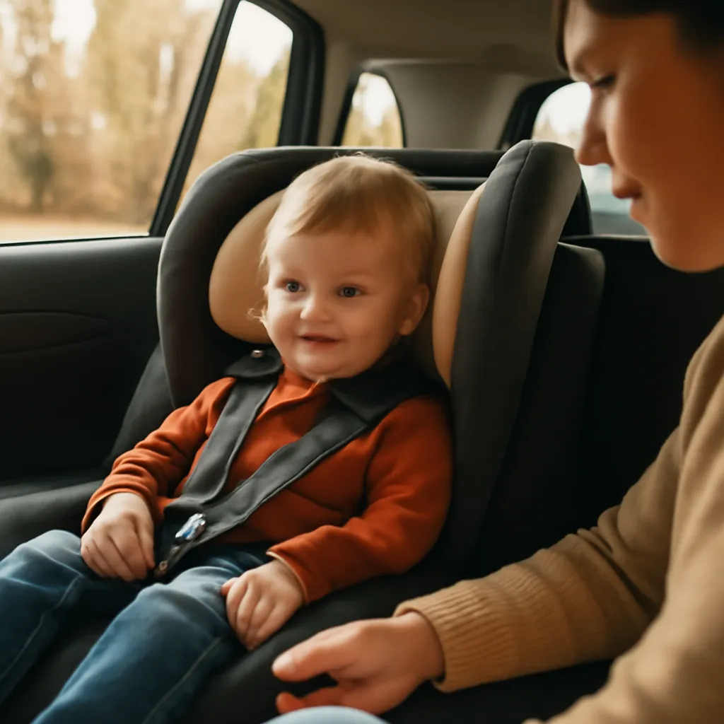 Enfant correctement attaché dans son siège auto à l'arrière d'une voiture familiale