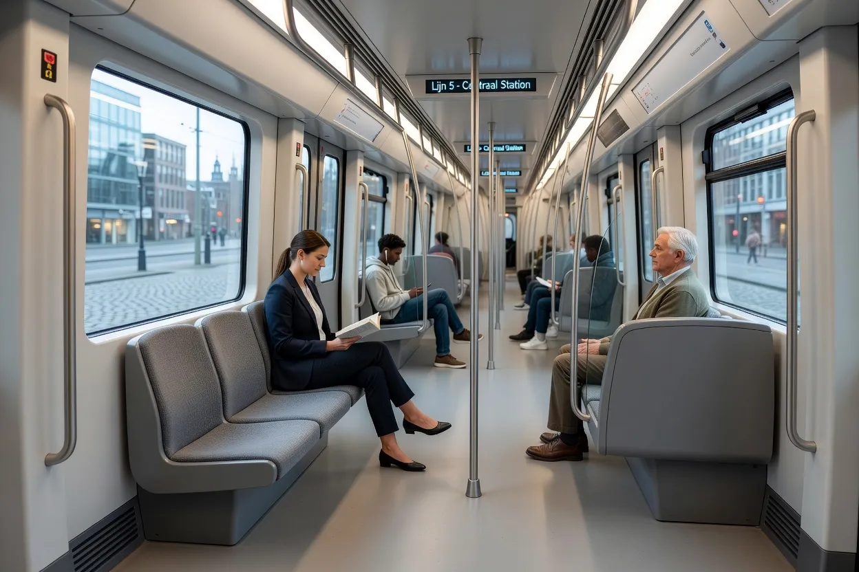 Intérieur d'une rame de métro moderne à Sofia avec quelques passagers assis