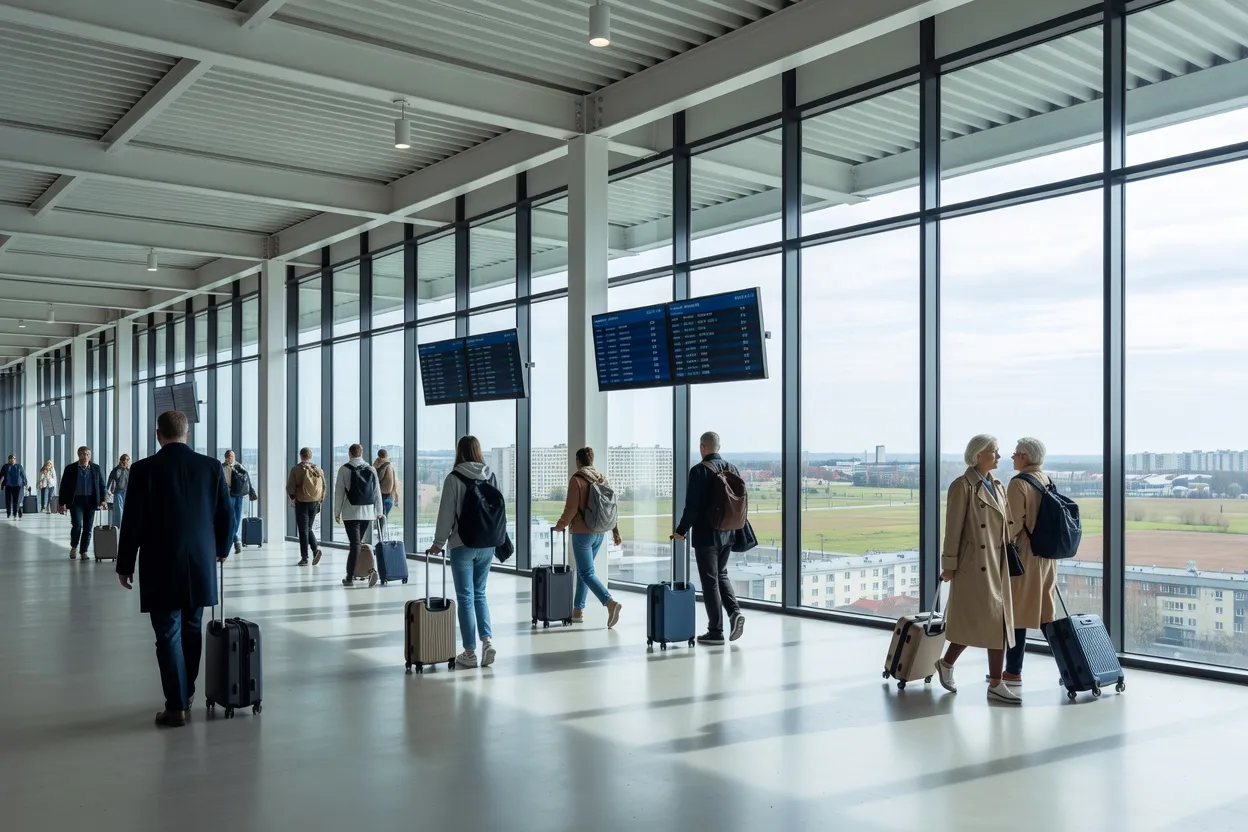 Hall d'un terminal d'aéroport moderne avec voyageurs se dirigeant vers l'embarquement