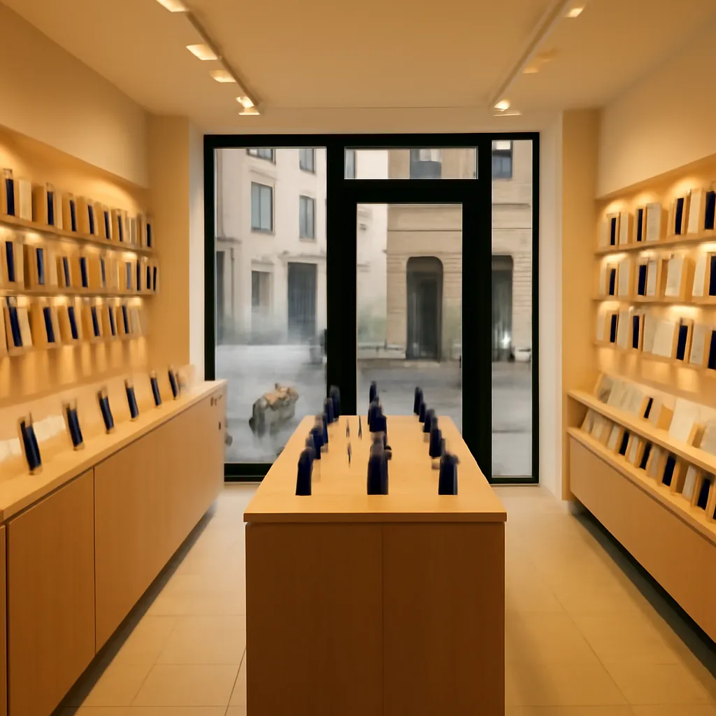 Vitrine d'une boutique d'opérateur mobile dans une ville européenne avec présentoirs de téléphones