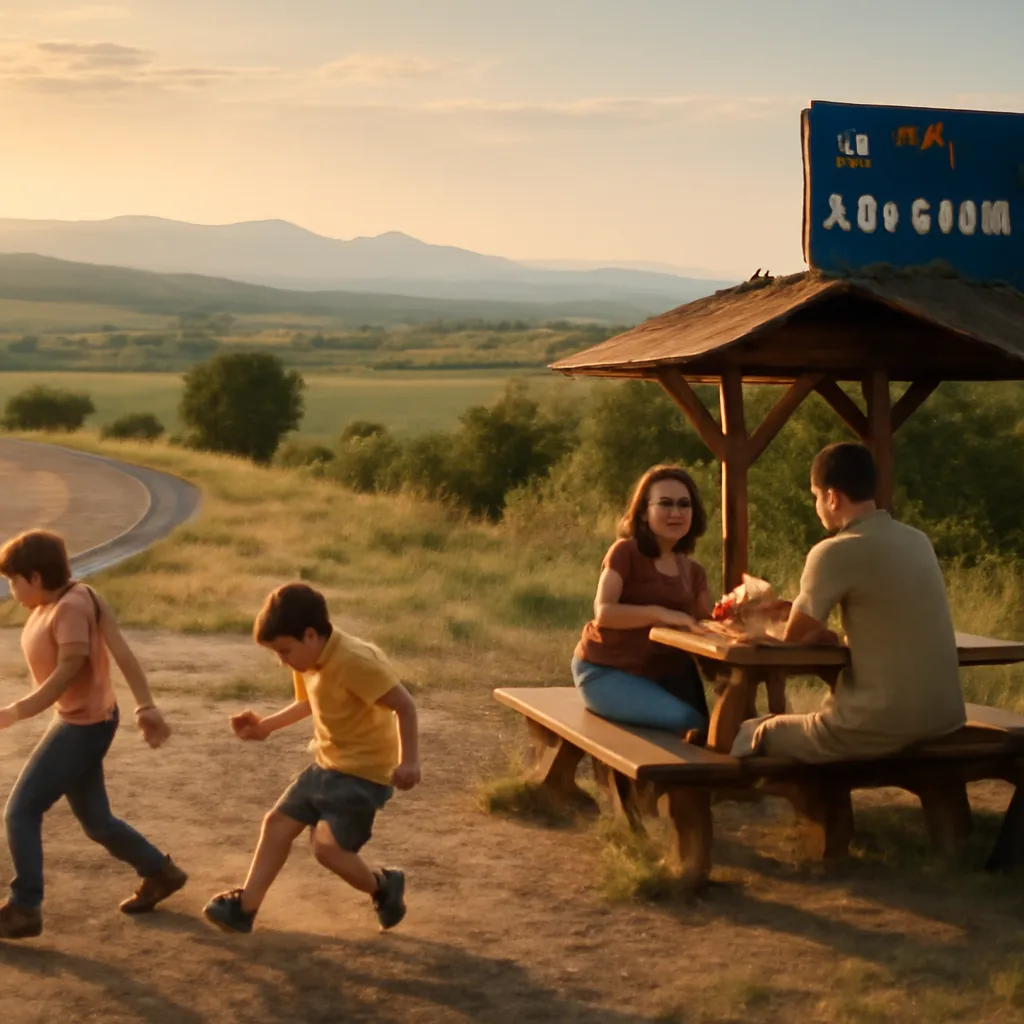 Famille faisant une pause pique-nique sur une aire de repos de la campagne bulgare, enfants jouant à proximité