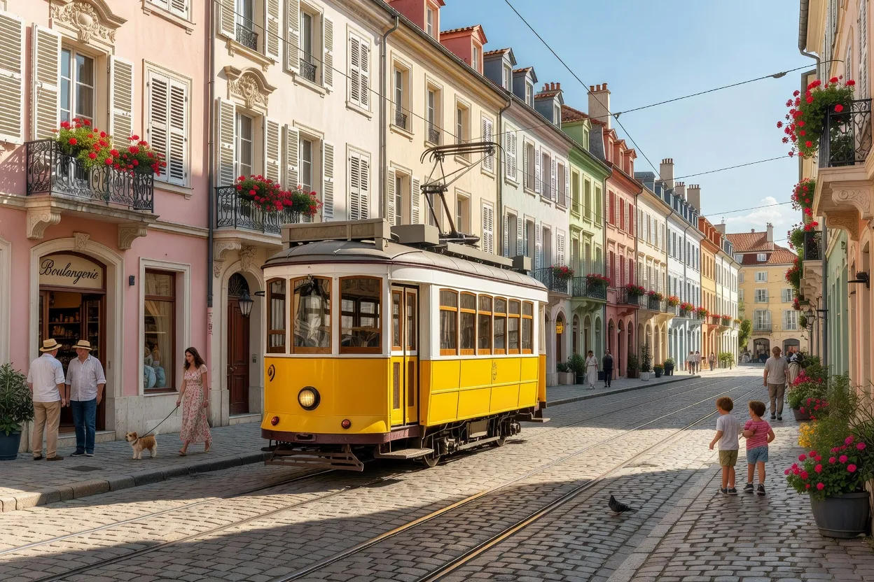 Tramway historique circulant dans une rue pavée du centre-ville de Sofia
