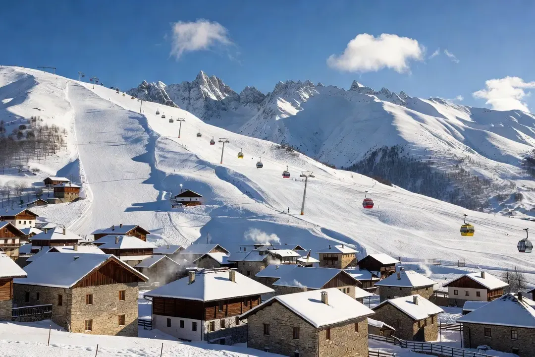 Station de ski de Bansko avec pistes enneigées et massif du Pirin en arrière-plan