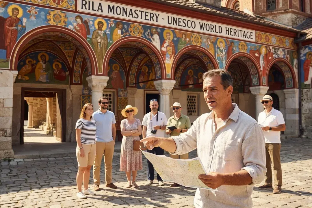 Guide francophone présentant une carte à un groupe de voyageurs devant le monastère de Rila, Bulgarie
