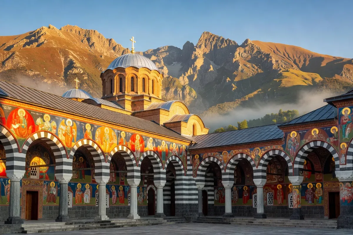 Monastère de Rila Bulgarie — fresques et cour intérieure