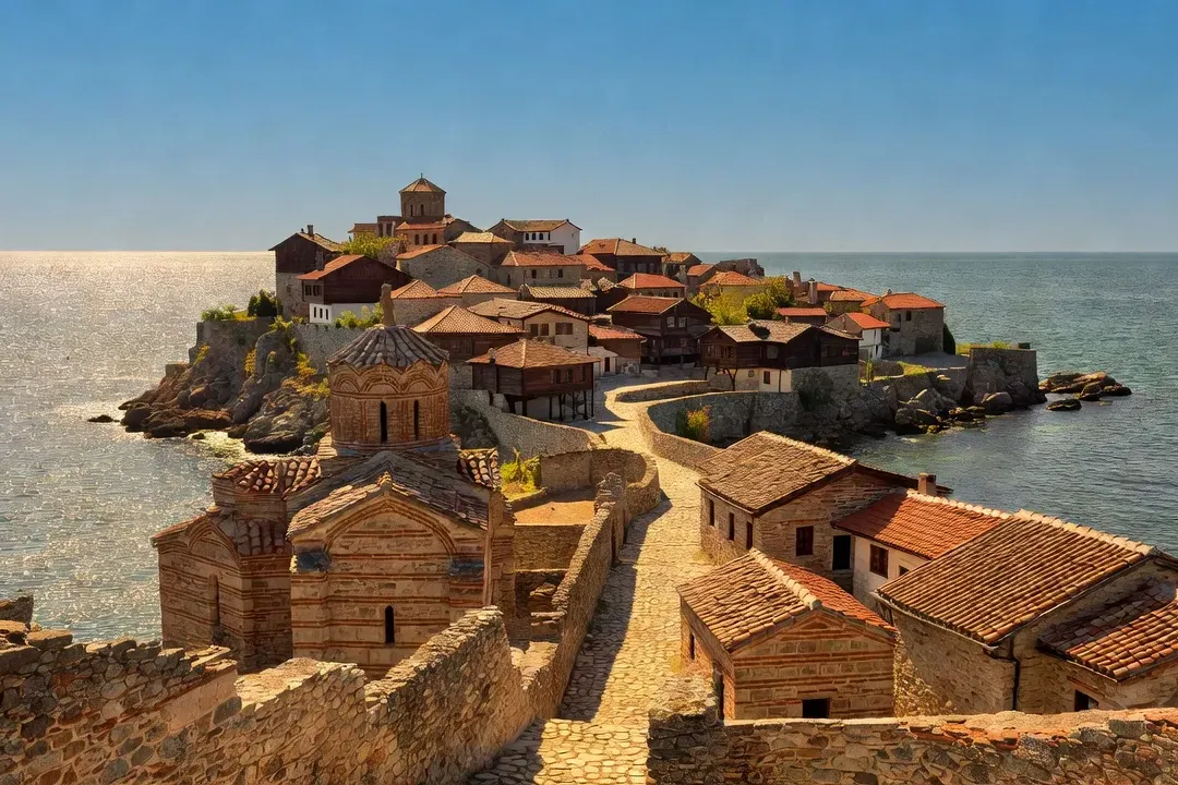 Vieille ville de Nesebar sur sa presqu'île, église orthodoxe médiévale et Mer Noire bleue, lumière dorée