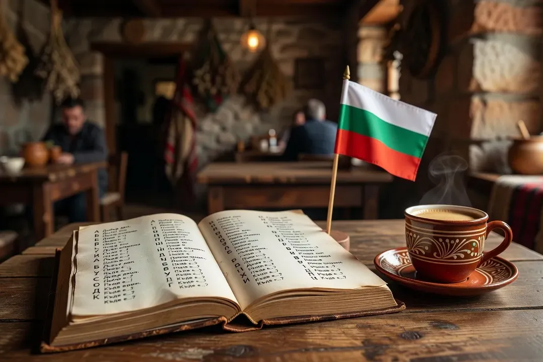 Livre de phrasebook bulgare ouvert avec alphabet cyrillique visible sur fond de paysage bulgare