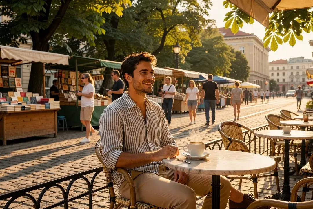 Marc-Antoine Bernard à la terrasse d'un café de Sofia, place Slaveykov en arrière-plan